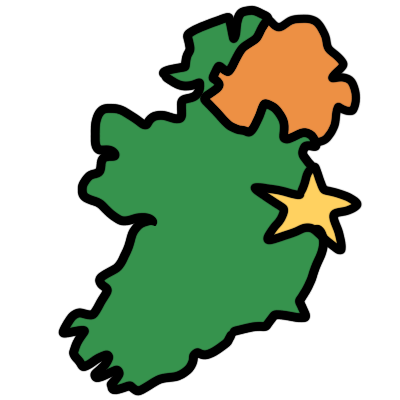 Shape of the island of Ireland, with the Republic of Ireland coloured in green and Nothern Ireland coloured in orange, with a yellow star over the location of Dublin.